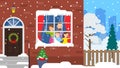 House facade urban winter landscape. family look through the window on falling snow Royalty Free Stock Photo