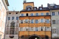 House facades at Town Hall square in the centre of the old town of Bolzano, South Tyrol, Italy