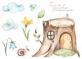 Watercolor set with a house for fairies with a tree stump, flowers, clouds, a snail Garden fairies