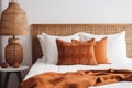 bedchamber interior pillow orange design lamp modern decor bed home fall. Generative AI.