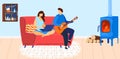 House family, man plays guitars, relax together, happy young people, sofa comfort, design, in cartoon style vector Royalty Free Stock Photo