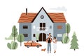 House with family outside vector illustration. Concept of happy suburb lifestyle with mom, father, kid and dog. Real