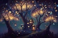 House in fantasy forest at night, scenery of fairytale hut and magic light, generative AI Royalty Free Stock Photo