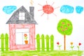 A house, a fence, flowers and an apple tree. Children's drawing on paper. Royalty Free Stock Photo