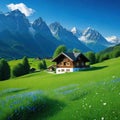 house in field with mountains in the backgrouds of the mountains in the with a Royalty Free Stock Photo