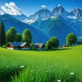 house in field with mountains in the backgrouds of the mountains in the with a Royalty Free Stock Photo