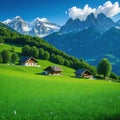 house in field with mountains in the backgrouds of the mountains in the with a Royalty Free Stock Photo