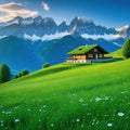 house in field with mountains in the backgrouds of the mountains in the with a Royalty Free Stock Photo