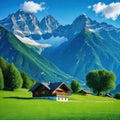 house in field with mountains in the backgrouds of the mountains in the with a Royalty Free Stock Photo