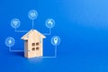 House figurine and public utilities symbols icons. Choosing a house to buy, assessing the cost and condition of the building Royalty Free Stock Photo