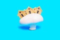 House figurines on a large white mushroom on blue