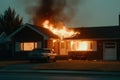 Burning house in suburb. Residential house in fire. Generative AI