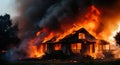 House on Fire: Dramatic Flames and Smoke at Night Royalty Free Stock Photo