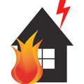 House fire. Lightning strike. Fire prevention. Vector image.