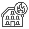 House in fire line icon. Home with fire frame outline style pictogram on white background. Domestic heating or burning Royalty Free Stock Photo