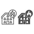 House in fire line and solid icon. Home with fire frame outline style pictogram on white background. Domestic heating or Royalty Free Stock Photo