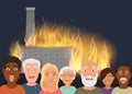 House on fire and scared faces vector illustration. Burning building at night. Flame accident. Fire caused by