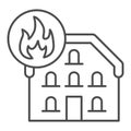 House in fire thin line icon. Home with fire frame outline style pictogram on white background. Domestic heating or Royalty Free Stock Photo