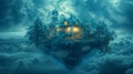 House on floating island in sky, above clouds, surrounded by natural landscapes Royalty Free Stock Photo