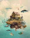 A house on a floating island surrounded by fish. AI generative image. Royalty Free Stock Photo