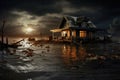 House in floodwater at night - AI Generated Royalty Free Stock Photo