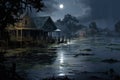 House in floodwater at night - AI Generated Royalty Free Stock Photo