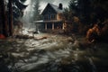 House in floodwater at night - AI Generated