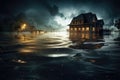 House in floodwater at night - AI Generated