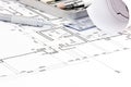House floor plan blueprints and drawing tools closeup Royalty Free Stock Photo