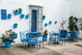 House with flowers in blue pots in Mijas, Andalusia, Spain Royalty Free Stock Photo