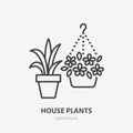House flowers in flower pots flat line icon. Plants growing in flowerpot sign. Thin linear logo for gardening, planting