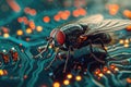 House fly on the computer circuit board.Cyber espionage and global security. Computer system is hacked Royalty Free Stock Photo