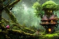 House in the forest, a fairytale magical green place with misty sky and a small witch hut in a treehouse, generative ai