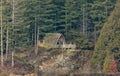 House in the forest. Scenic autumn landscape forest and mountains surround the house. Old abounded wooden house Royalty Free Stock Photo