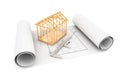 House Frame with Caliper over Architect Blueprints Royalty Free Stock Photo