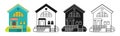 House front cartoon or engraved ink stamp linear doodle design set urban vintage loft facade