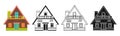 House front flat cartoon engraved stamp doodle design village urban facade cottage cozy building