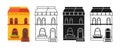 House front flat cartoon engraved stamp doodle design village urban facade cottage loft building