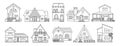 House front flat line doodle set village urban small buildings residential homestead cottage villa