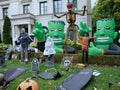 front lawn full of Halloween decorations