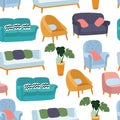 House furniture pattern seamless, background home, object decoration, sofa and indoor, vector illustration