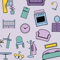 House furniture pattern vector illustration. Lilac background home, object decoration, sofa and indoor clocks, chair