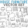 House Furniture Vector Set with table, book, bookshelves, bookcase, pillow, lamp, candle, dresser, bed, and other home items