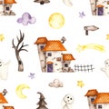 Halloween watercolor seamless pattern with house, ghosts, tree, moon, stars