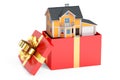 House gift. Home in gift box, 3D rendering