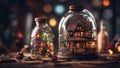 house in a glass bottle, cute cottage home ai created