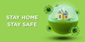 House in a Globe with Barrier to Prevent Coronavirus or Covid-19 on Green Background Banner with Message Stay Home Stay Safe Conce Royalty Free Stock Photo