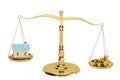 House and gold coins on the scales,3D illustration. Royalty Free Stock Photo