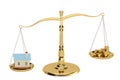 House and gold coins on the scales,3D illustration. Royalty Free Stock Photo