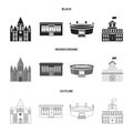 House of government, stadium, cafe, church.Building set collection icons in black,monochrome,outline style vector symbol Royalty Free Stock Photo